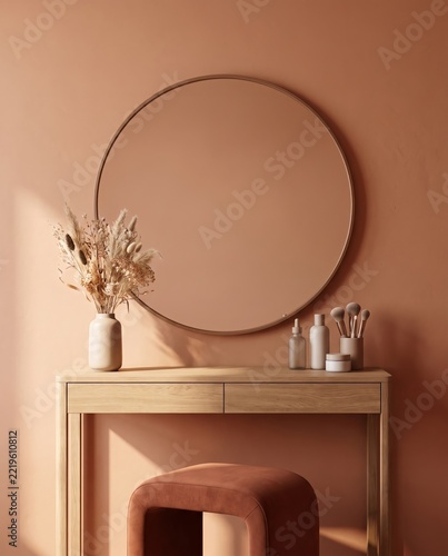 Terracotta vanity table with round mirror and flowers