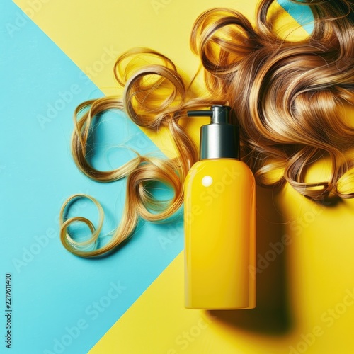 Hair care theme: curly hair, hair care products - shampoo and balm bottles, arranged on a bright colored background. The concept of beauty, healthy hair.