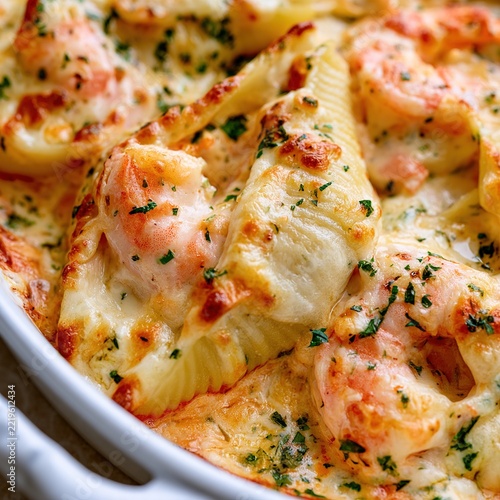 Baked stuffed pasta shells with creamy shrimp and cheese