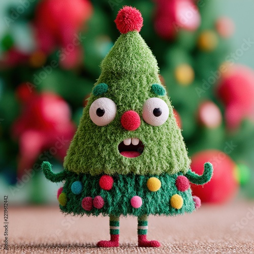 Cute plush christmas tree character standing with ornaments