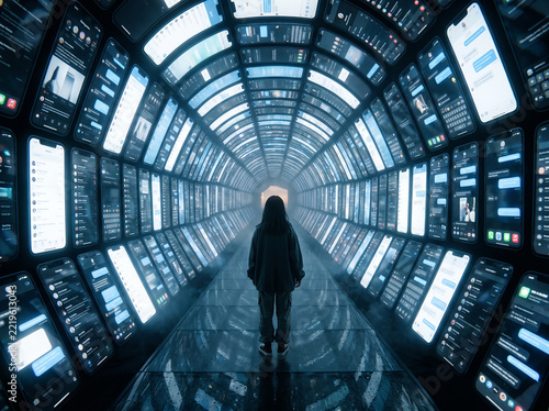 Lone person standing in endless tunnel of glowing smartphone screens, lost in social media and digital world concept
