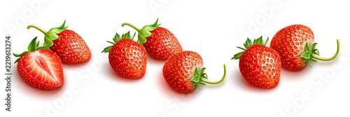 Beautiful whole and slice of strawberry isolated on a white background. Realistic style. Vector set with illustration of red berries.