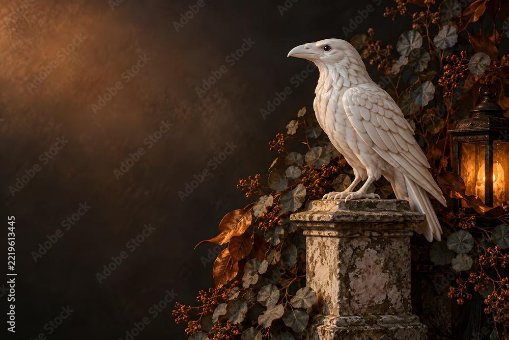 Fototapeta premium White Raven Sentinel: A majestic white raven perched atop an ornate stone pillar, illuminated by the soft glow of a nearby lantern, gazes out into the mysterious twilight.