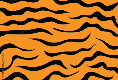 Seamless graphic pattern illustration of black wavy stripes on a bright orange background, mimicking a tiger fur animal print design.