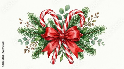 Watercolor Christmas Candy Canes with Red Bow and Evergreen Branches Illustration Isolated on White Background