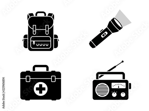 Emergency Preparedness Icon Sheet Featuring Survival Gear and Safety Equipment Vector Illustration for Disaster Planning