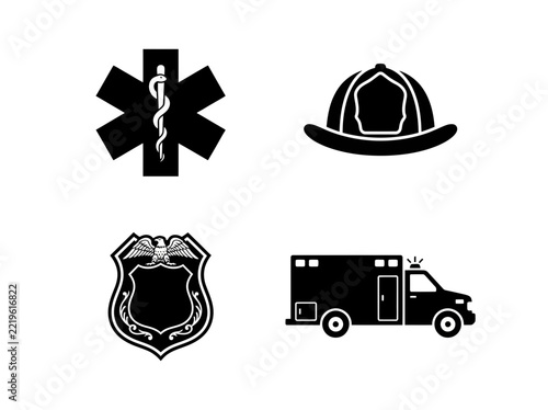 Emergency service icon sheet design featuring medical symbol, firefighter helmet, police shield, and rescue vehicle silhouettes