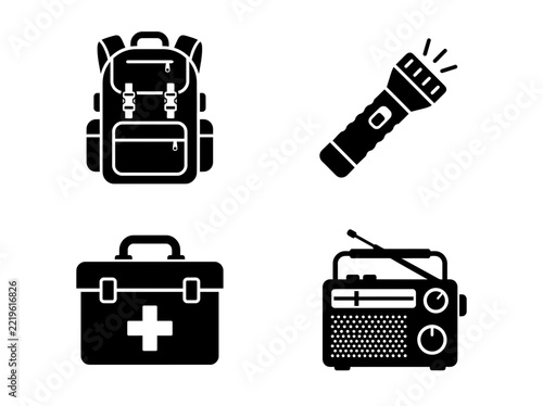 Emergency supply safety icons set featuring a backpack, flashlight, first aid kit, and radio for survival and disaster relief