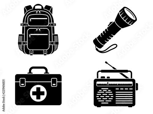 Set of emergency supply icons featuring a backpack flashlight first aid kit and radio for survival and disaster preparedness