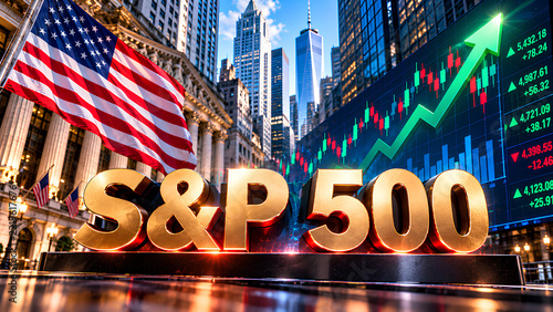 The S&P 500 rises as a green arrow signals strong U.S. stock market growth.