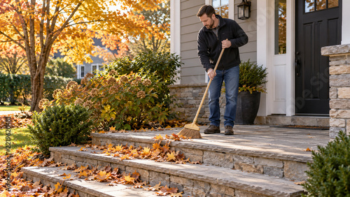 Man sweeping autumn leaves from stone steps beside a house