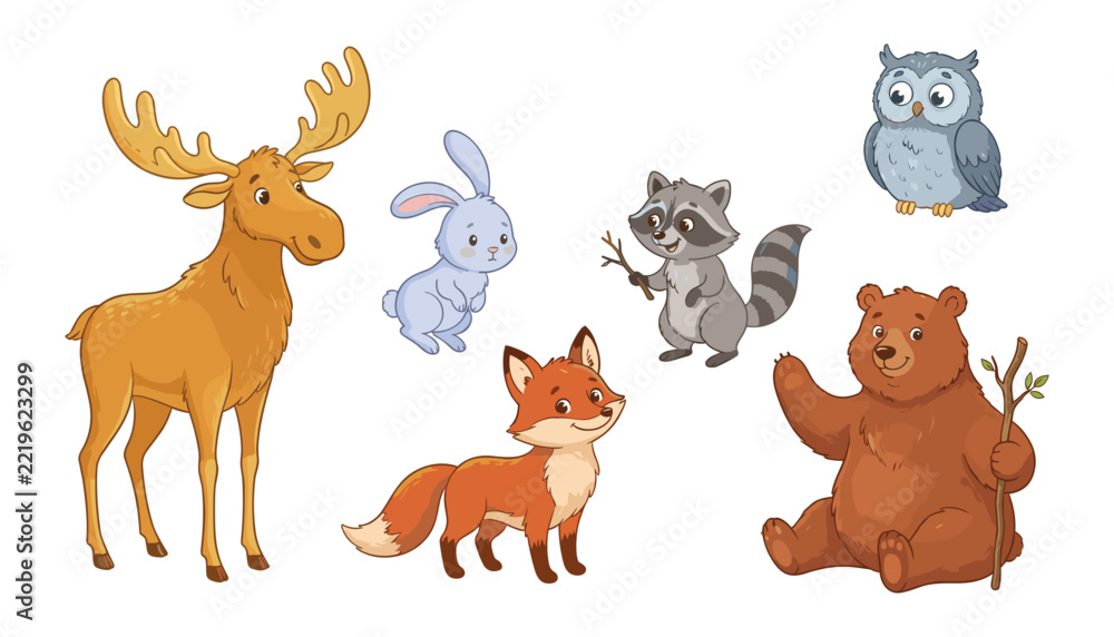 Fototapeta premium Cute cartoon forest animals vector set with funny happy moose rabbit fox raccoon owl and bear characters isolated on white background