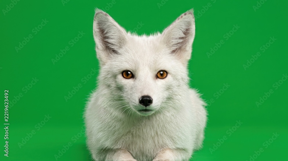 Fototapeta premium Majestic white fox staring forward on green screen.