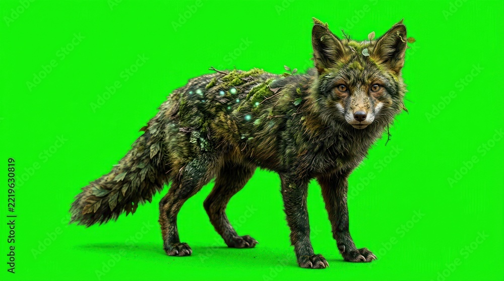 Fototapeta premium Surreal fox covered in green moss on chroma key.