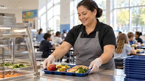 Cafeteria Worker Serving a Balanced School Lunch
