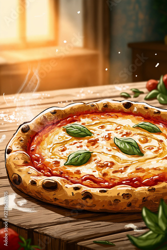 Authentic Italian Margherita Pizza – Rustic Gourmet Food Illustration