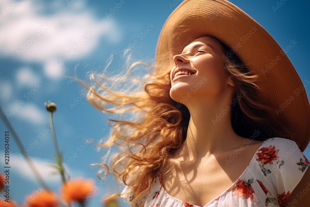 Naklejka premium Woman wearing a straw hat, smiling with eyes closed, enjoying the warm sun and fresh breeze, feeling pure happiness, freedom, and joy outdoors during summer in a natural environment