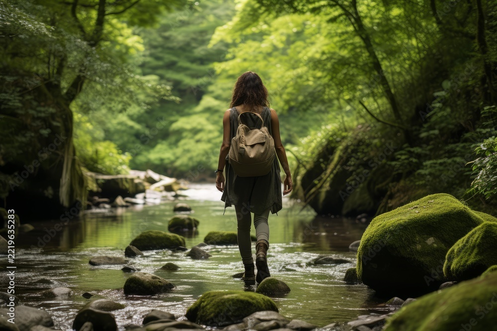 Naklejka premium Woman with a backpack carefully stepping on wet, mossy rocks while crossing a shallow river in a lush, green forest, immersing herself in nature and embracing the outdoor adventure
