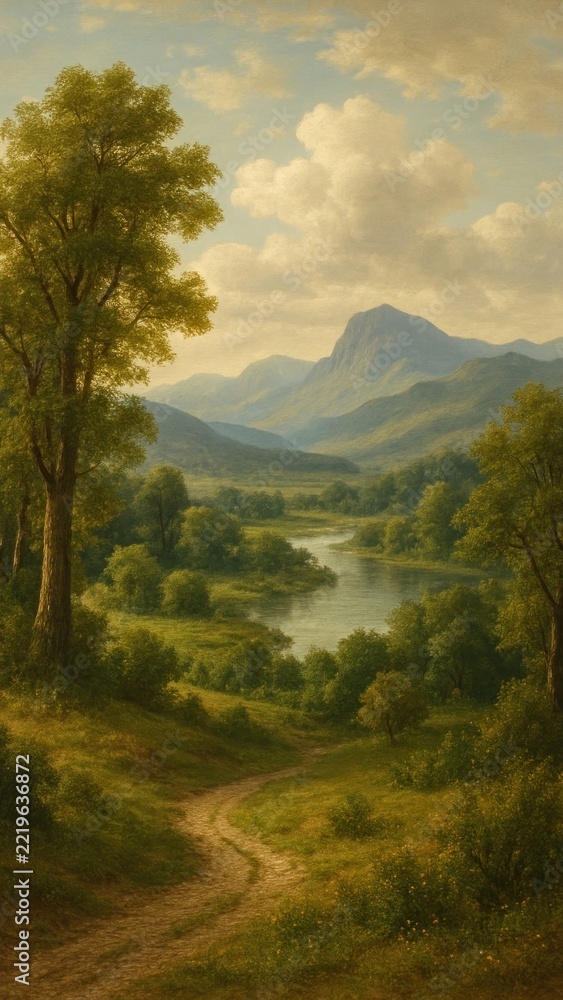 Fototapeta premium Serene landscape with mountain view.