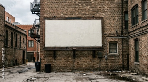 Blank white billboard mockup on old brick building wall.