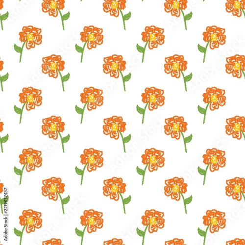 Seamless repeating pattern of hand-drawn orange flowers with yellow centers, green stems, and leaves on white background. Playful decorative design perfect for textiles