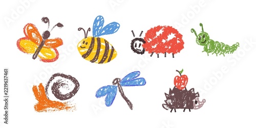 Playful crayon-style animal and insect illustrations including butterfly, bee, ladybug, caterpillar, snail, dragonfly, and hedgehog with apple