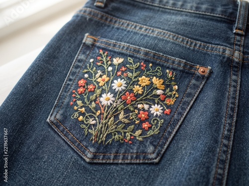 Colorful Handmade Floral Embroidery on a Blue Denim Jeans Pocket
