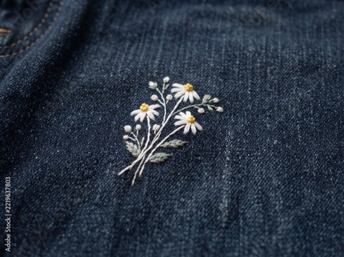 Minimalist White Daisy Embroidery on Dark Indigo Denim Fabric
