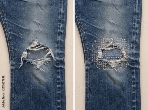 Before and After Comparison of Torn and Repaired Blue Denim Jeans