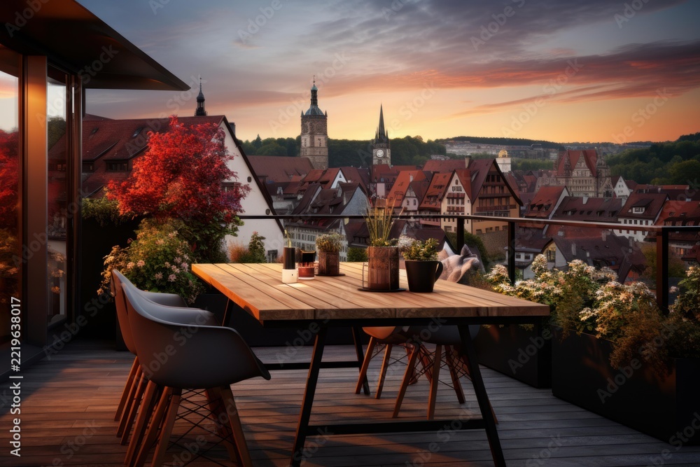 Fototapeta premium Rooftop terrace at golden hour overlooking an old town skyline, cozy outdoor dining set and potted plants creating a tranquil, luxurious evening atmosphere for relaxation