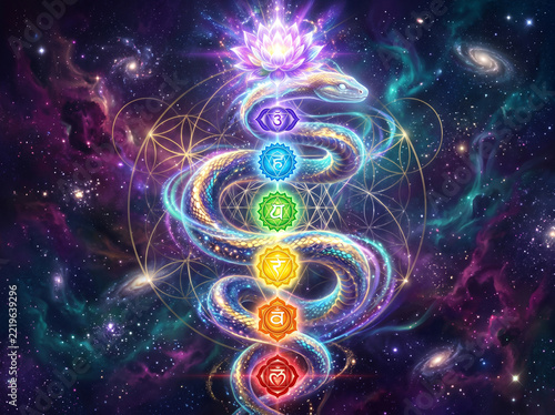 Cosmic kundalini snake awakening chakras illustration with lotus flower, sacred geometry, and glowing energy in a vibrant universe background.