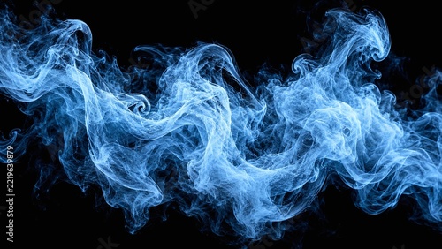 Cold luminous ice blue smoke forming delicate frosty curls and flowing translucent layers against a black background, creating an atmospheric winter inspired visual effect.