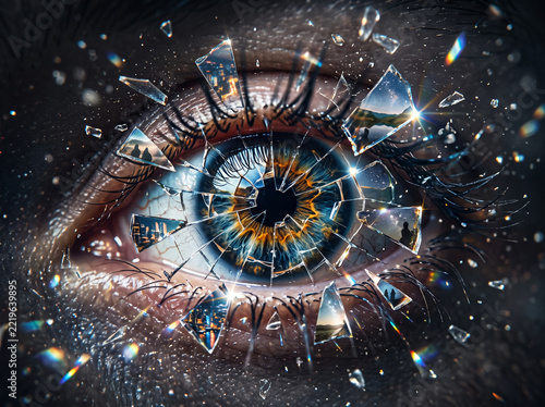Close-up of human eye with fractured mirror glass reflecting memories, shattered reality and vision concept