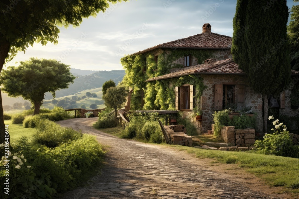 Fototapeta premium Charming stone villa covered with ivy and cypress trees on a cobbled road, surrounded by rolling green hills in the italian countryside, depicting rural lifestyle and tranquility