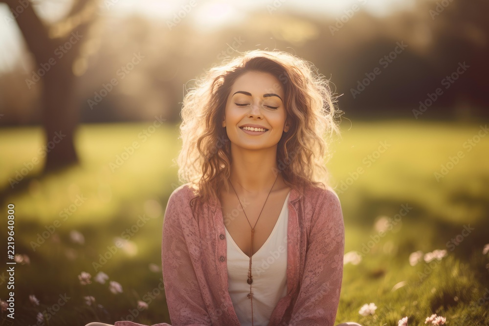 Naklejka premium Woman finding inner peace and mindful relaxation, smiling with eyes closed in a serene natural park setting during a golden hour sunset, experiencing spiritual calm and tranquility