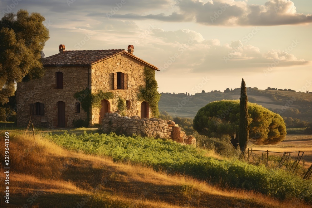 Fototapeta premium Traditional tuscan stone villa standing on a sunny hillside overlooking rolling vineyards and fields, capturing the rustic beauty and peaceful charm of the italian countryside at sunset