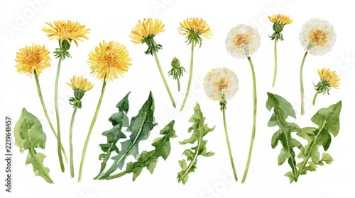 Soft, airy botanical watercolor art featuring dandelions and leaves for design, postcards and wallpaper