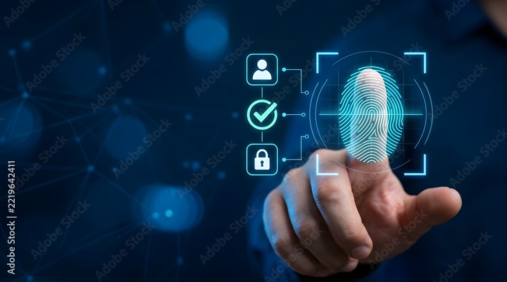 Obraz premium Biometric fingerprint scanner for identity verification and secure access control on futuristic digital interface