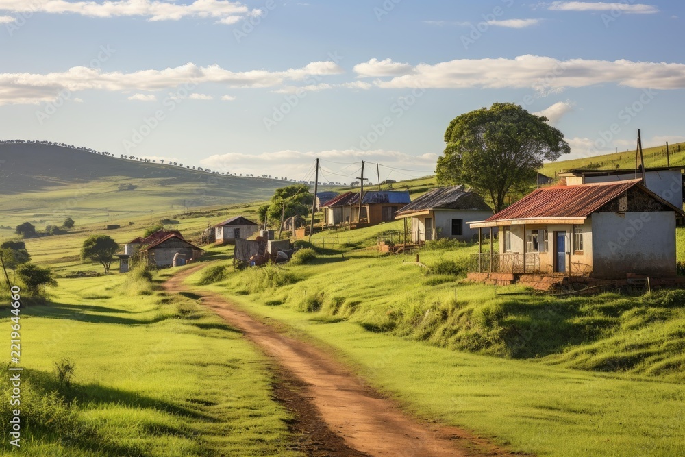 Naklejka premium Rural village houses dotting rolling green hillsides. A dirt road winding through the landscape under clear blue skies. Capturing the essence of simple living and community in the african countryside