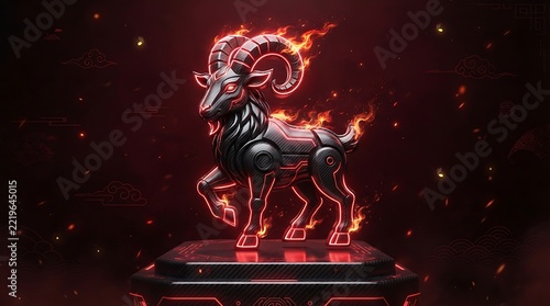 Fiery Aries Zodiac Sign Ram Sculpture with Glowing Neon Outline and Flames on a Pedestal.