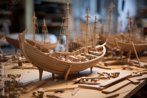 Wooden model ships in various stages of completion resting on a dusty workbench, showcasing meticulous craftsmanship, intricate details, and the dedicated process of model building