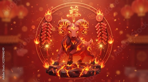 Chinese Zodiac Ram Fire Element Lunar New Year Celebration.