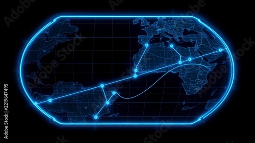 Futuristic world map with glowing blue network connections