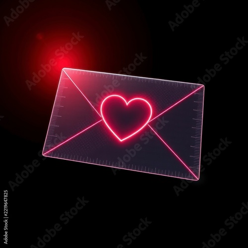 Neon glowing heart on envelope for Valentine day concept