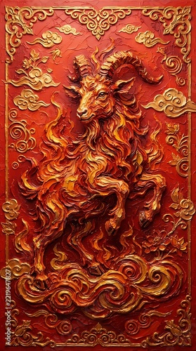 Majestic Golden Ram in Fiery Red Relief Sculpture with Ornate Clouds.