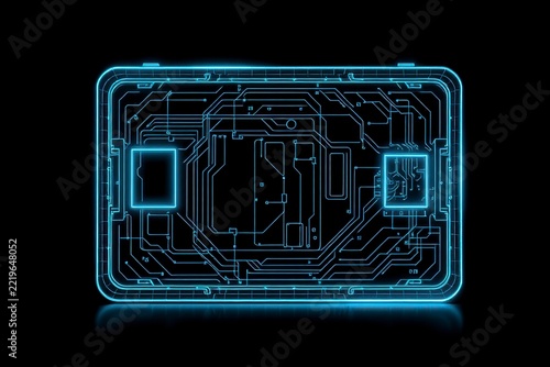 Futuristic electronic circuit board blue glow on black background