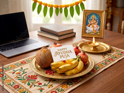 Traditional Indian Ayudha Puja Celebration with Fruits and Oil Lamp