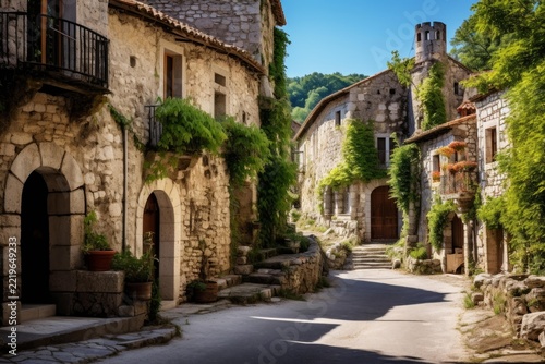 Cobblestone street winding through a charming european medieval village, ancient stone buildings covered in vibrant green ivy, sunlit historical architecture creating a picturesque rustic scene
