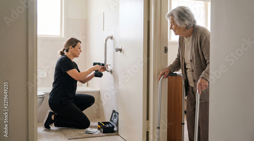 An occupational therapist installs a chrome grab bar in the bathroom for an elderly person's safety. An elderly woman watches the professional home modification for accessibility.