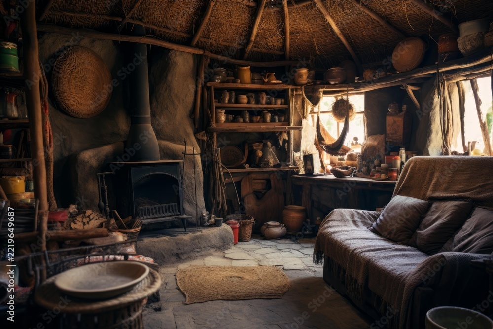 Naklejka premium Rustic interior of a traditional hut showcasing a cozy living space with a wood burning stove, comfortable sofa, handmade crafts, and natural textures, embodying a simple, primitive lifestyle